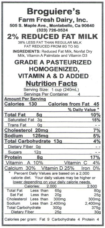 Broguieres 2 percent reduced Fat Milk Nutrition Facts