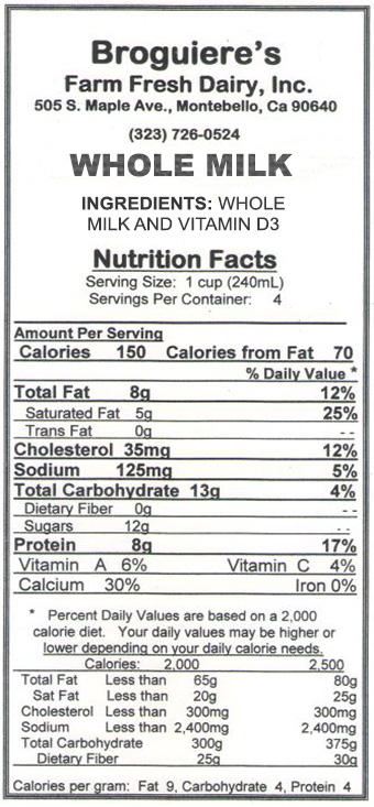 Broguiere's Whole Milk Nutrition Facts